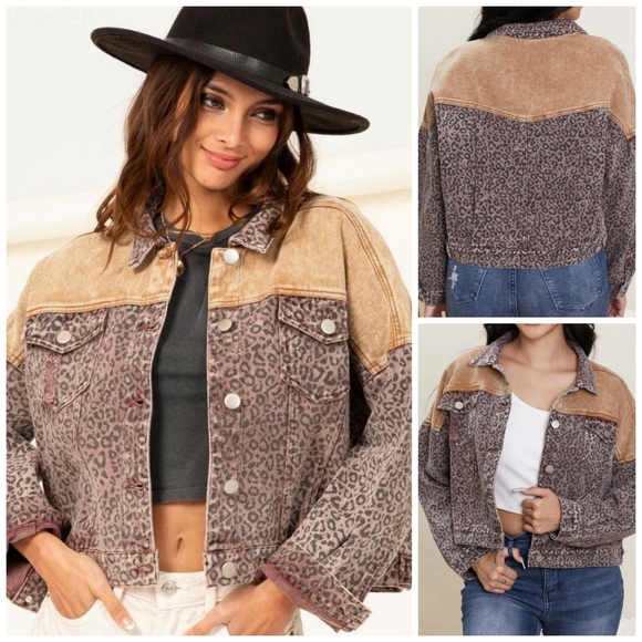 HYFVE Leopard Print Denim Jacket Brown Size Large "Cocoa Dreams" - Picture 1 of 13